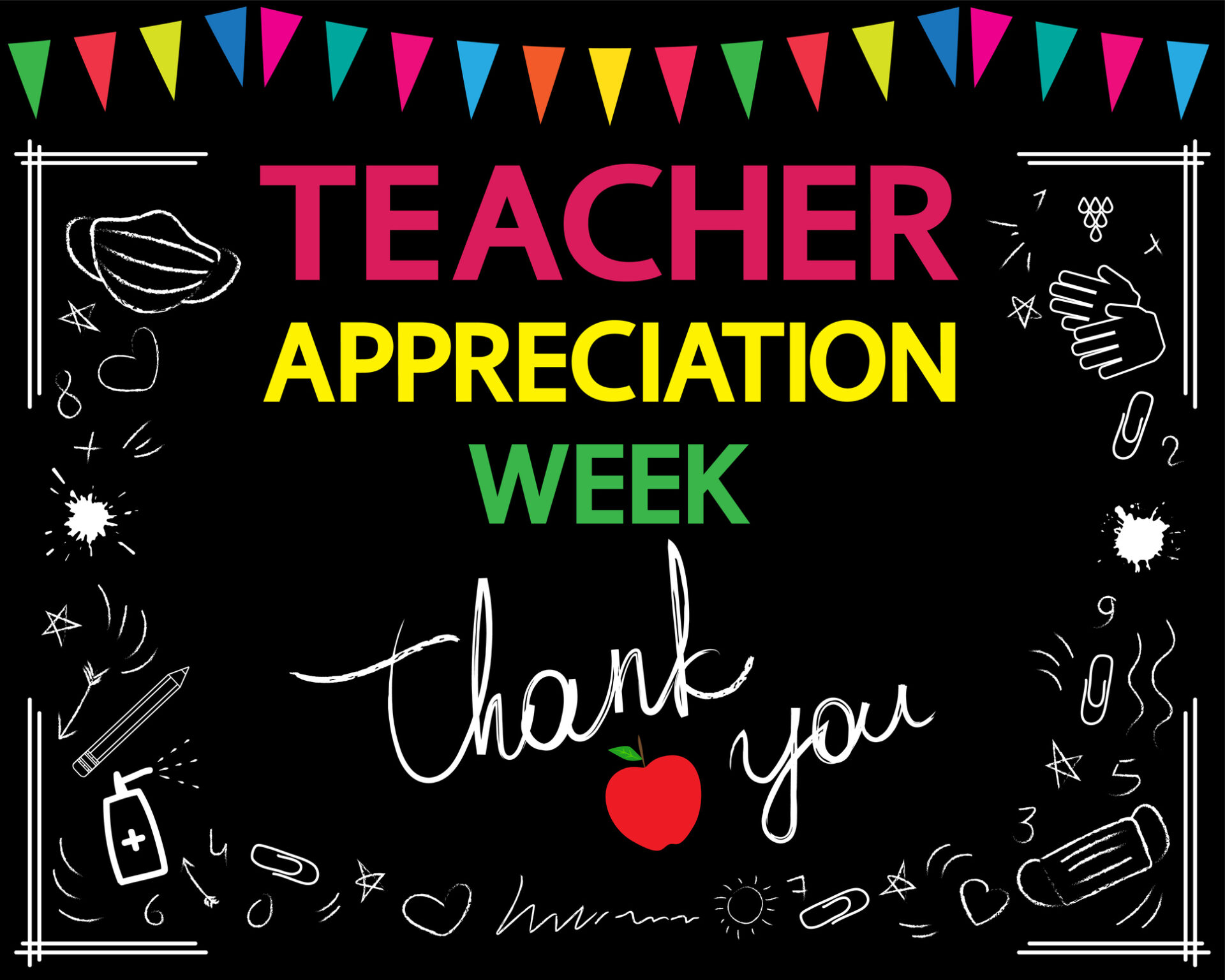 Thank you, teacher, white vector lettering on blackboard. Garland and school patterns.