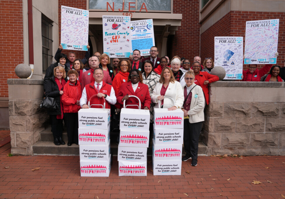 NJEA President Steve Beatty, Vice President Petal Robertson and Secretary-Treasurer Tina Dare were joined by hundreds of active, retired and aspiring educators to deliver more than 112,000 petitions calling for Tier 1 for Everyone.  