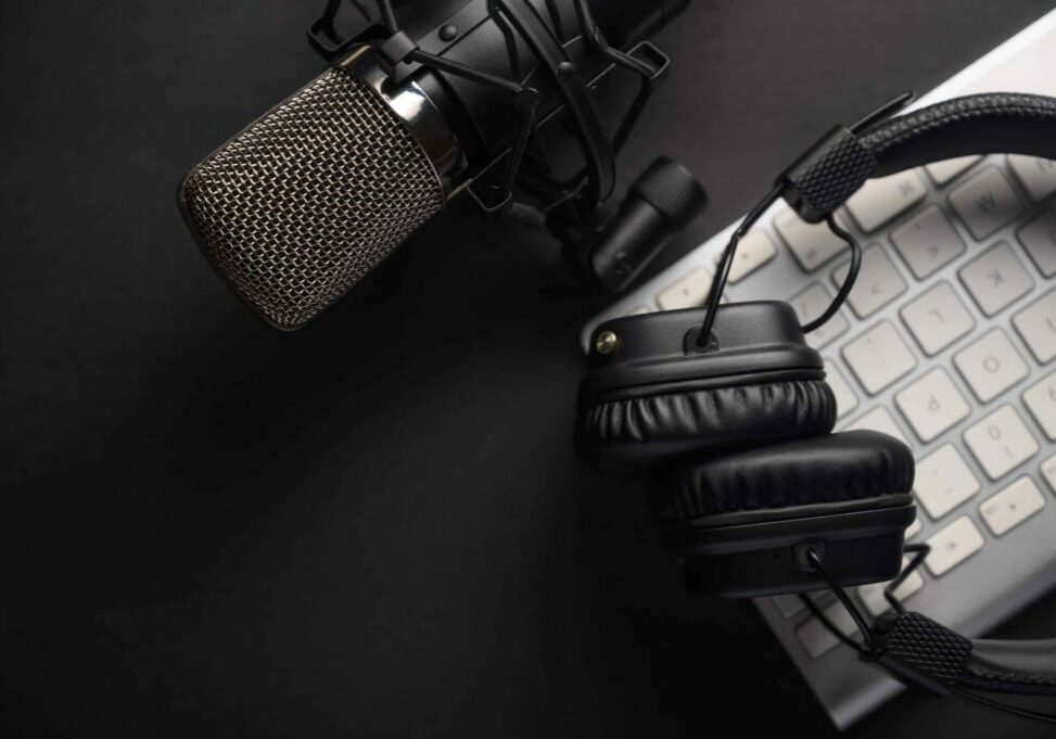Studio microphone with professional headphones
