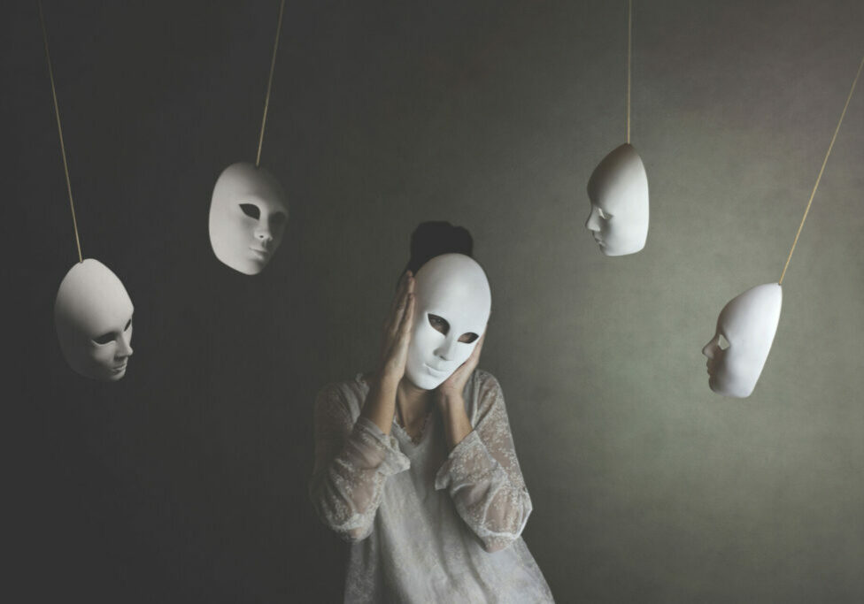 person with mask does not want to hear the judgment of other masks, concept of judgment and introspection