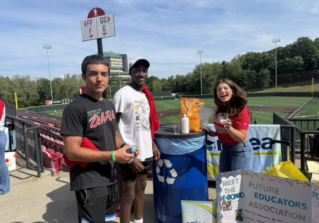 Montclair FEA President Abigail Rodriguez with students at the Montclair Welcome Back Bash. 