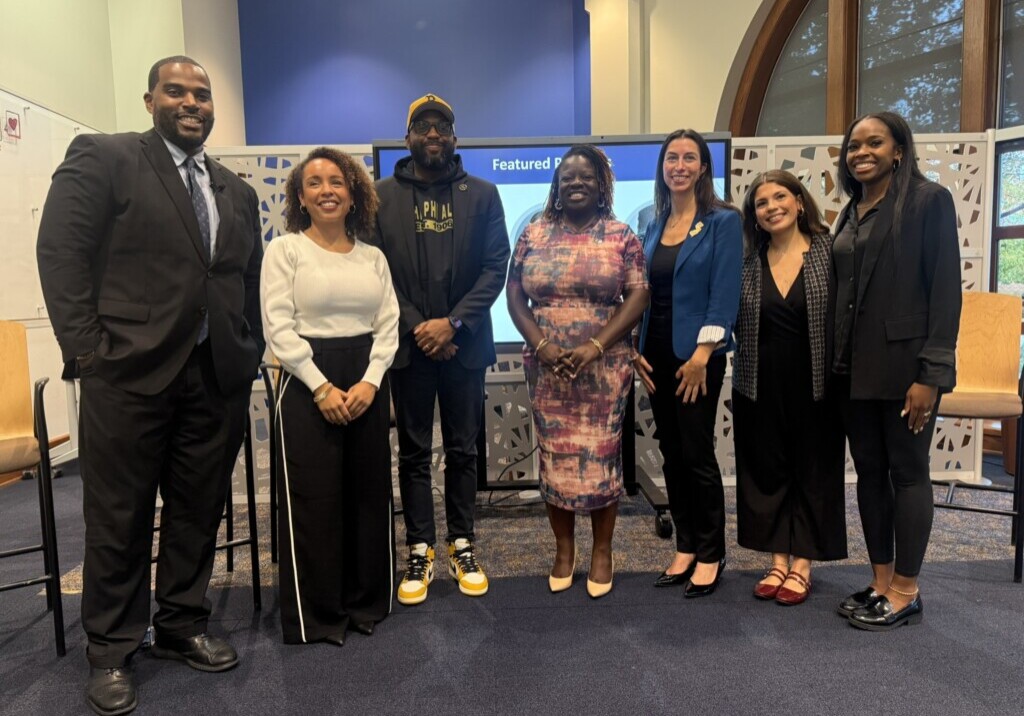 At an event at Montclair State University (MSU), students held a forum calling on universities to provide more meaningful support to students. From left: Bobby Morgan, principal, Willingboro’s Memorial Middle School; Dr. Tayna Maloney, associate professor at MSU; Dr. DaQuan Bashir, Associate Director of NJEA’s Human & Civil Rights, Equity, and Governance Department; NJEA Vice President Petal Robertson; 2024-25 NJ State Teacher of the Year Stefanie Lachenauer; MSU/NJAEA Chapter President Abigail Rodriguez and Brittany Lamb, Cherry Hill High School West guidance counselor.