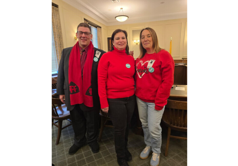 Dan Staples testified in favor of military service credit for ESPs. Pictured with Kimberlee Shaw, president of the Lakewood Education Association and Jen Breyta, president of the Barnegat Education Association.  